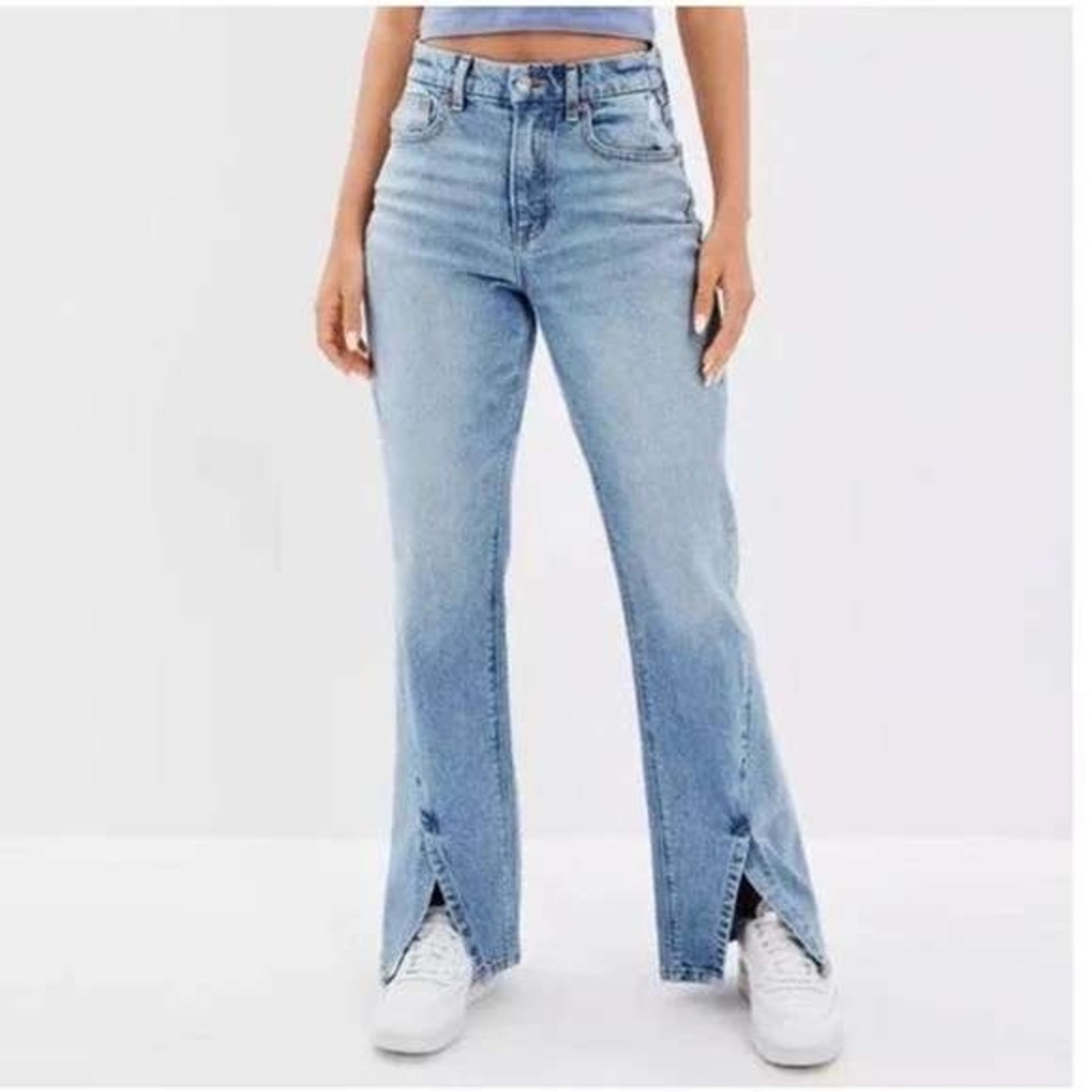 American Eagle 90s Bootcut Jeans Lt Wash High Rise Split Hem 10 LONG Denim